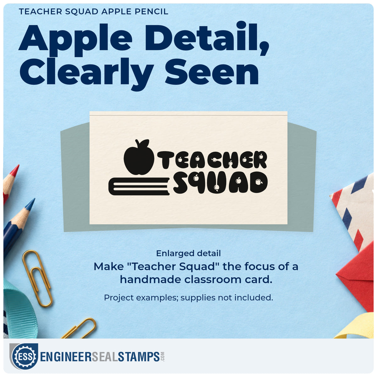 Enlarged detail of the Teacher Squad Apple Pencil Lettering Slim Pre-Inked Stamp imprint. Rounded “Teacher Squad” lettering sits beside an apple above a horizontal pencil.