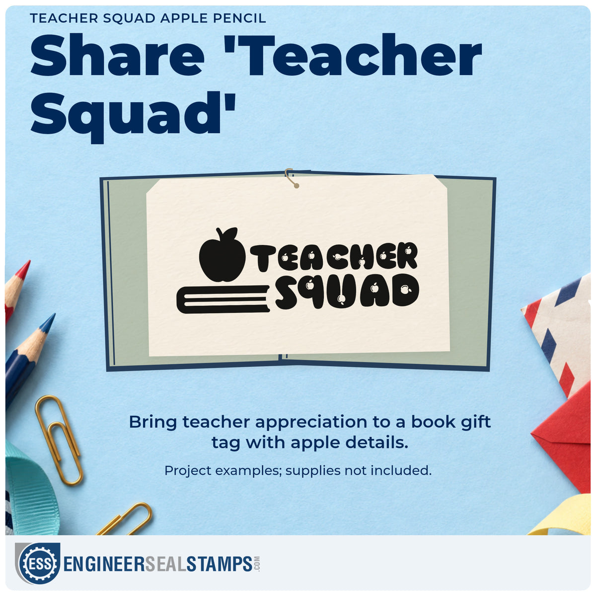 A finished handmade project stamped with the Teacher Squad Apple Pencil Lettering Wood Handle Stamp, ideal for year group tags.