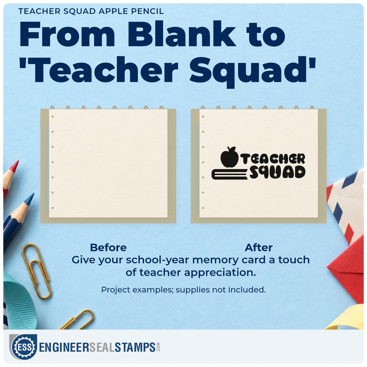 Before and after of a plain item finished with the Teacher Squad Apple Pencil Lettering Slim Pre-Inked Stamp, a quick upgrade for shared drive seals.