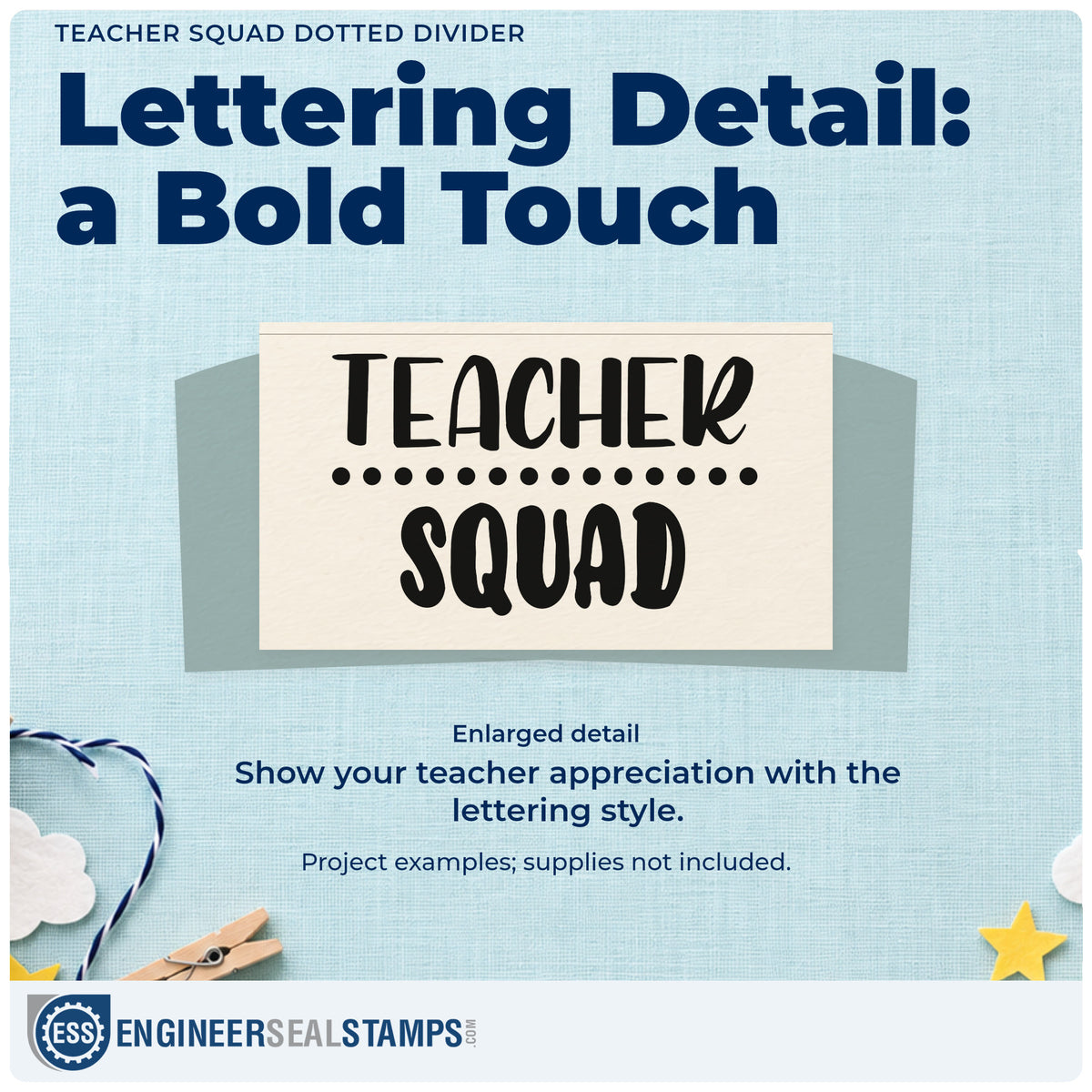 Enlarged detail of the Teacher Squad Two-Line Dots Hand Stamp – Duo imprint. “Teacher Squad” appears in two bold rows separated by a row of dots.
