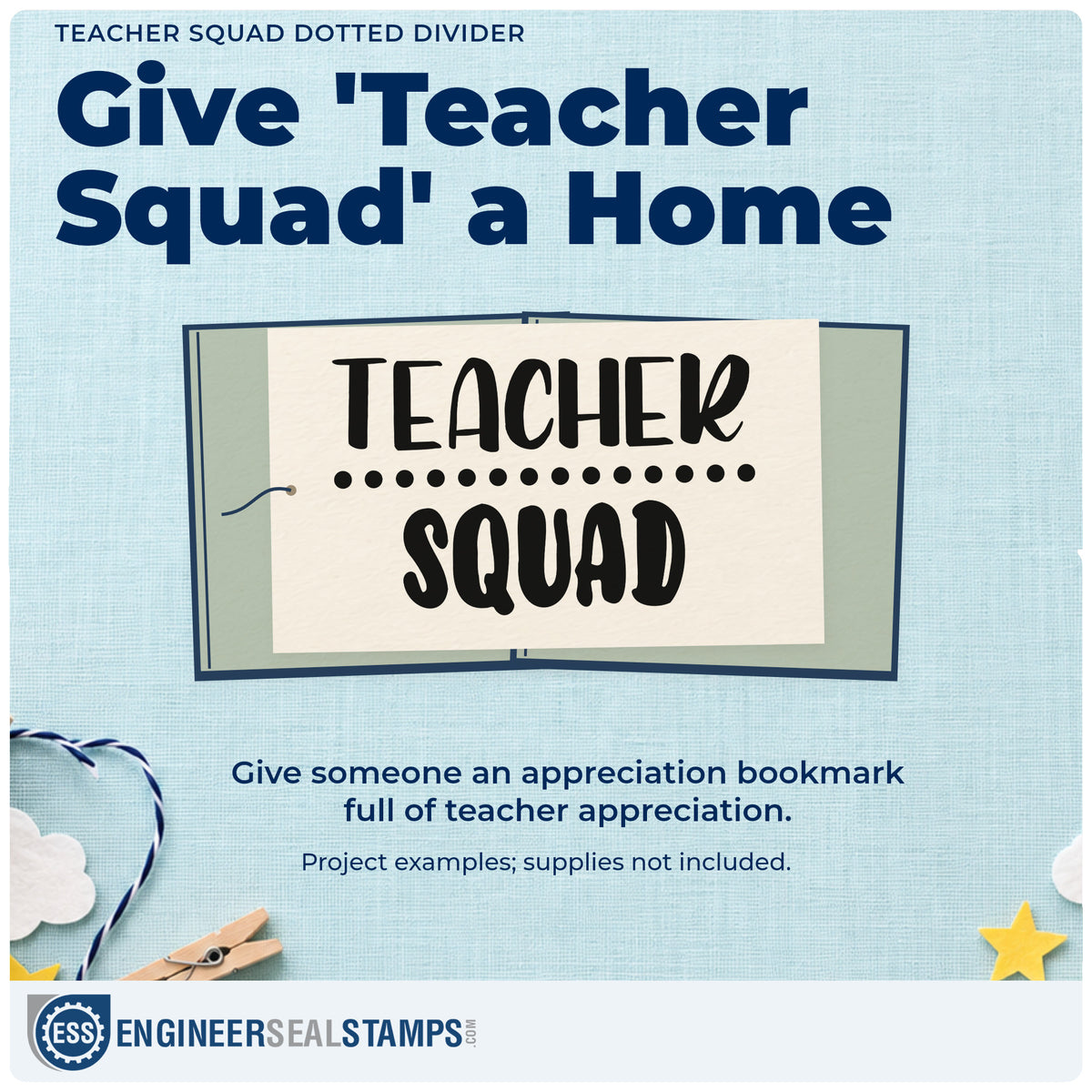 A finished handmade project stamped with the Teacher Squad Two-Line Dots Rubber Stamp – Wood Handle, ideal for split shift tags.