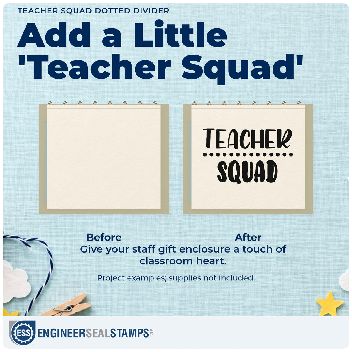Before and after of a plain item finished with the Teacher Squad Two-Line Dots Rubber Stamp – Wood Handle, a quick upgrade for handover pack seals.