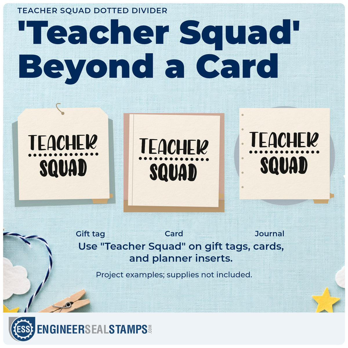 Three project examples made with the Pre-Inked Teacher Squad Two-Line Dots Stamp – PSI, including divider tab labels.