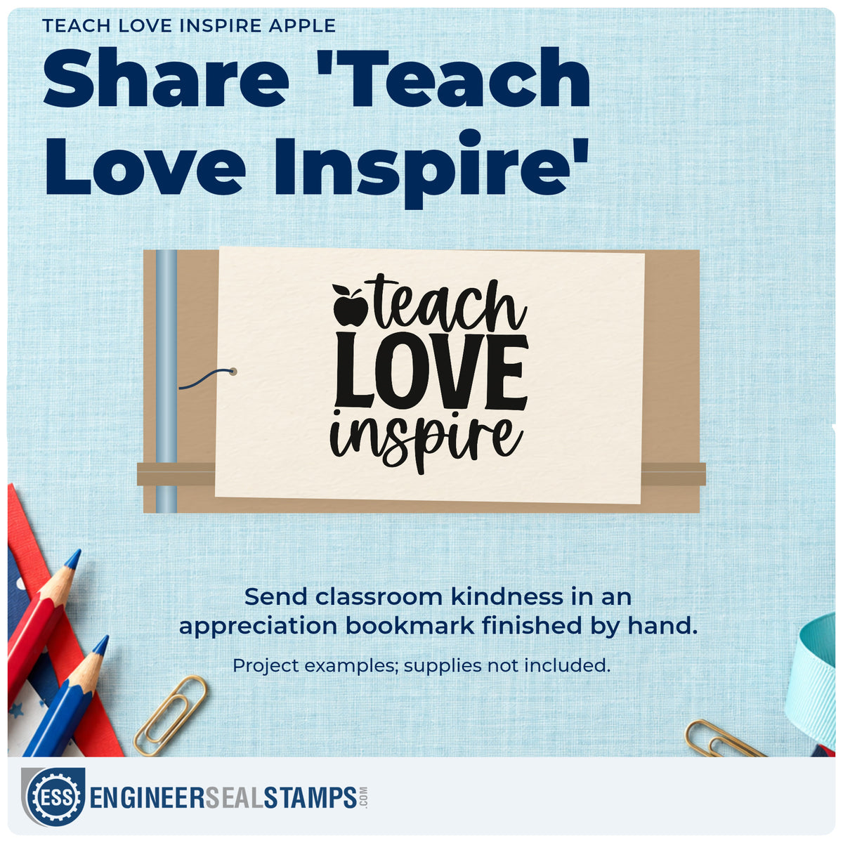 A finished handmade project stamped with the Teach Love Inspire Apple Lettering PSI Pre-Inked Stamp, ideal for bridal shower tags.