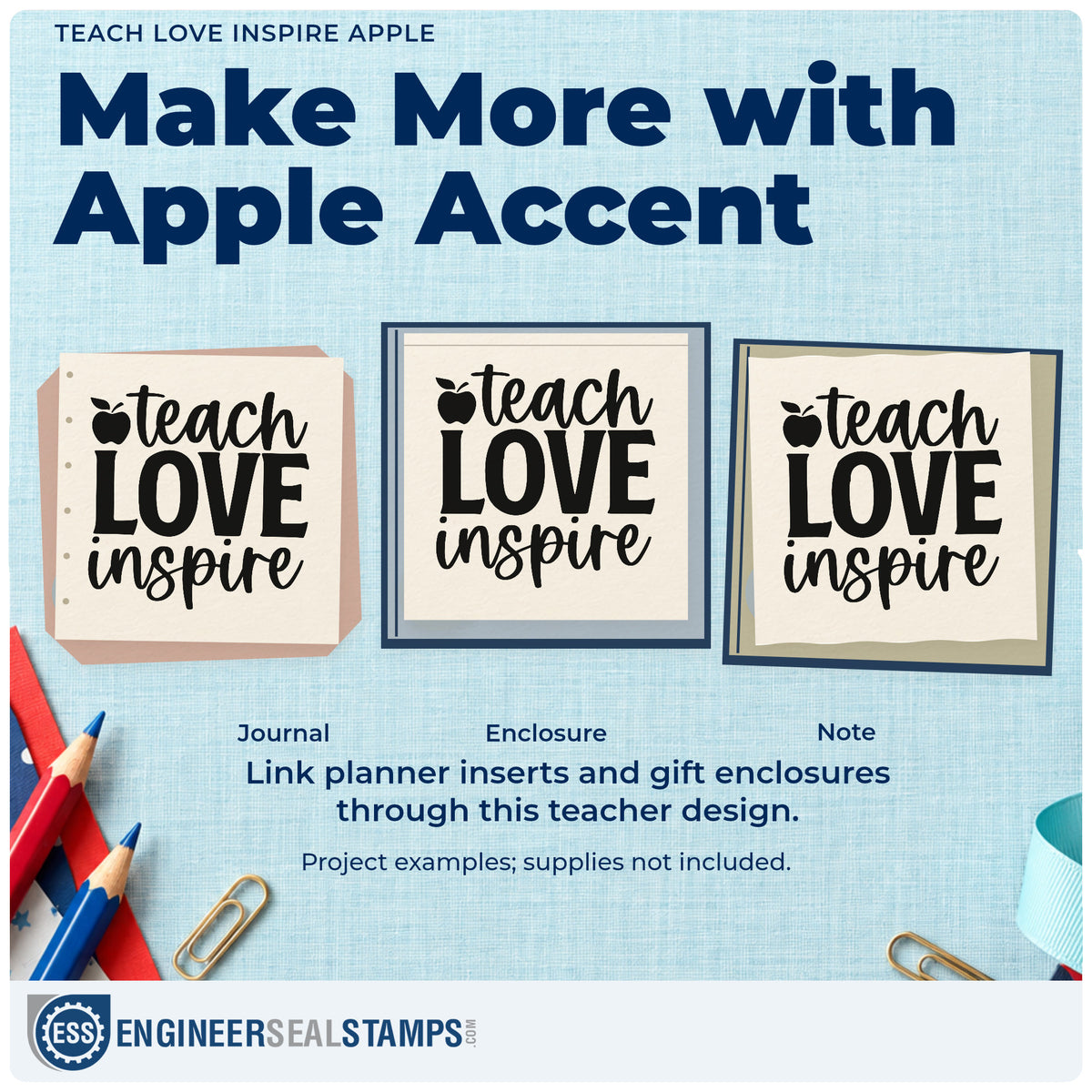 Three project examples made with the Teach Love Inspire Apple Lettering PSI Pre-Inked Stamp, including favor jar labels.
