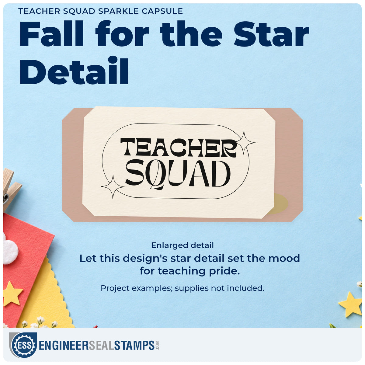 Enlarged detail of the Teacher Squad Sparkle Capsule Slim Pre-Inked Stamp imprint. “Teacher Squad” sits within a rounded capsule outline accented with sparkles.
