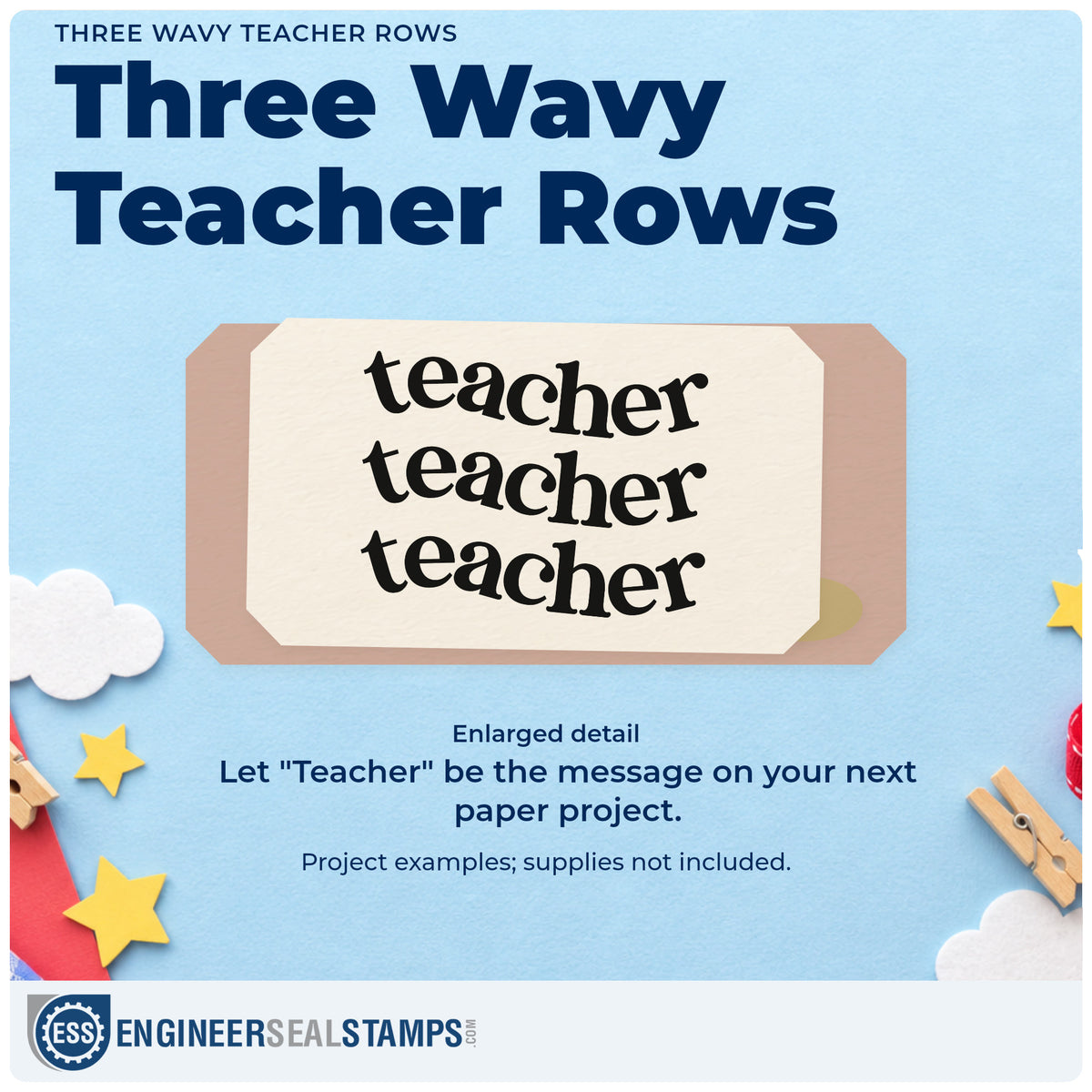 Enlarged detail of the Slim Pre-Inked Three Wavy Teacher Rows Serif Lettering Stamp imprint. Three curved rows repeat “Teacher” in bold serif letters.