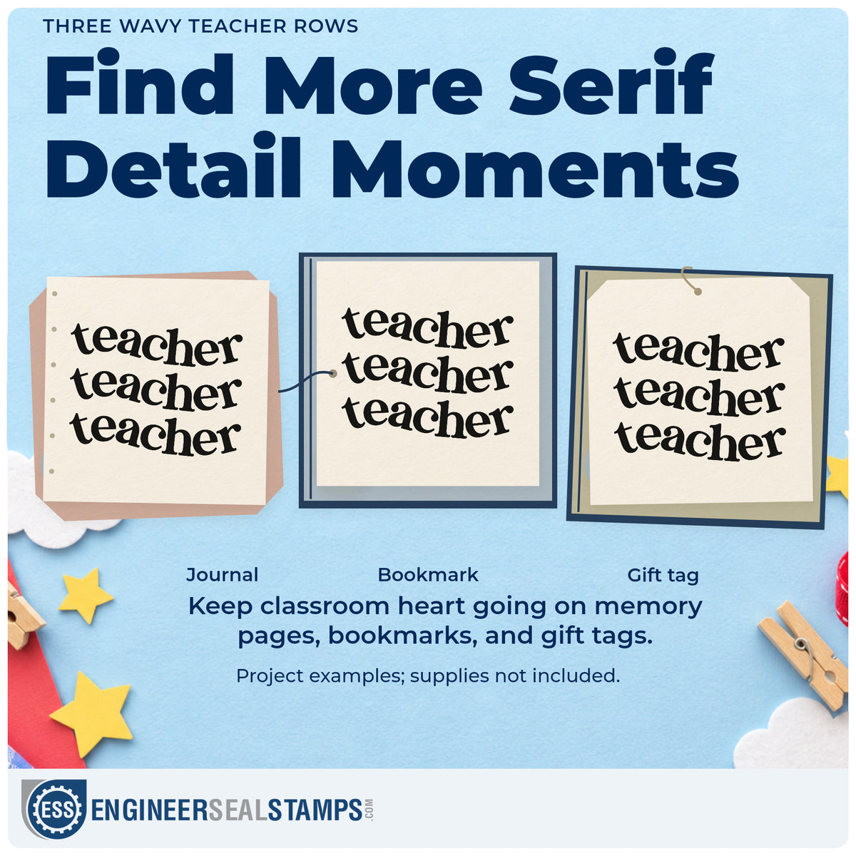 Three project examples made with the Three Wavy Teacher Rows Serif Lettering Wood Handle Stamp, including storage crate labels.