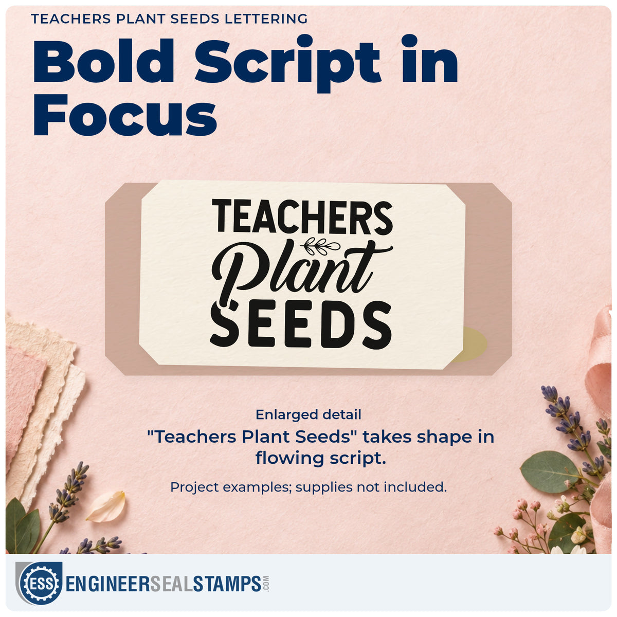 Enlarged detail of the Teachers Plant Seeds Pre-Inked Stamp – PSI imprint. “Teachers Plant Seeds” combines bold block letters, flowing script, and a leafy accent.