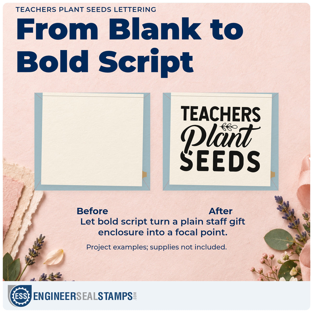 Before and after of a plain item finished with the Teachers Plant Seeds Stamp – Duo Hand, a quick upgrade for produce bag seals.