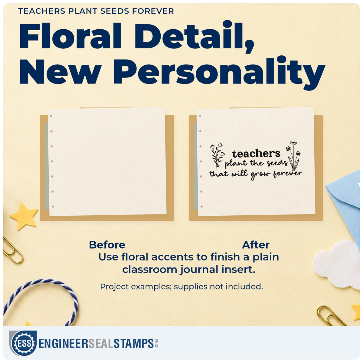 Before and after of a plain item finished with the Teachers Plant The Seeds That Will Grow Forever Rubber Stamp – Duo Hand, a quick upgrade for legacy gift seals.