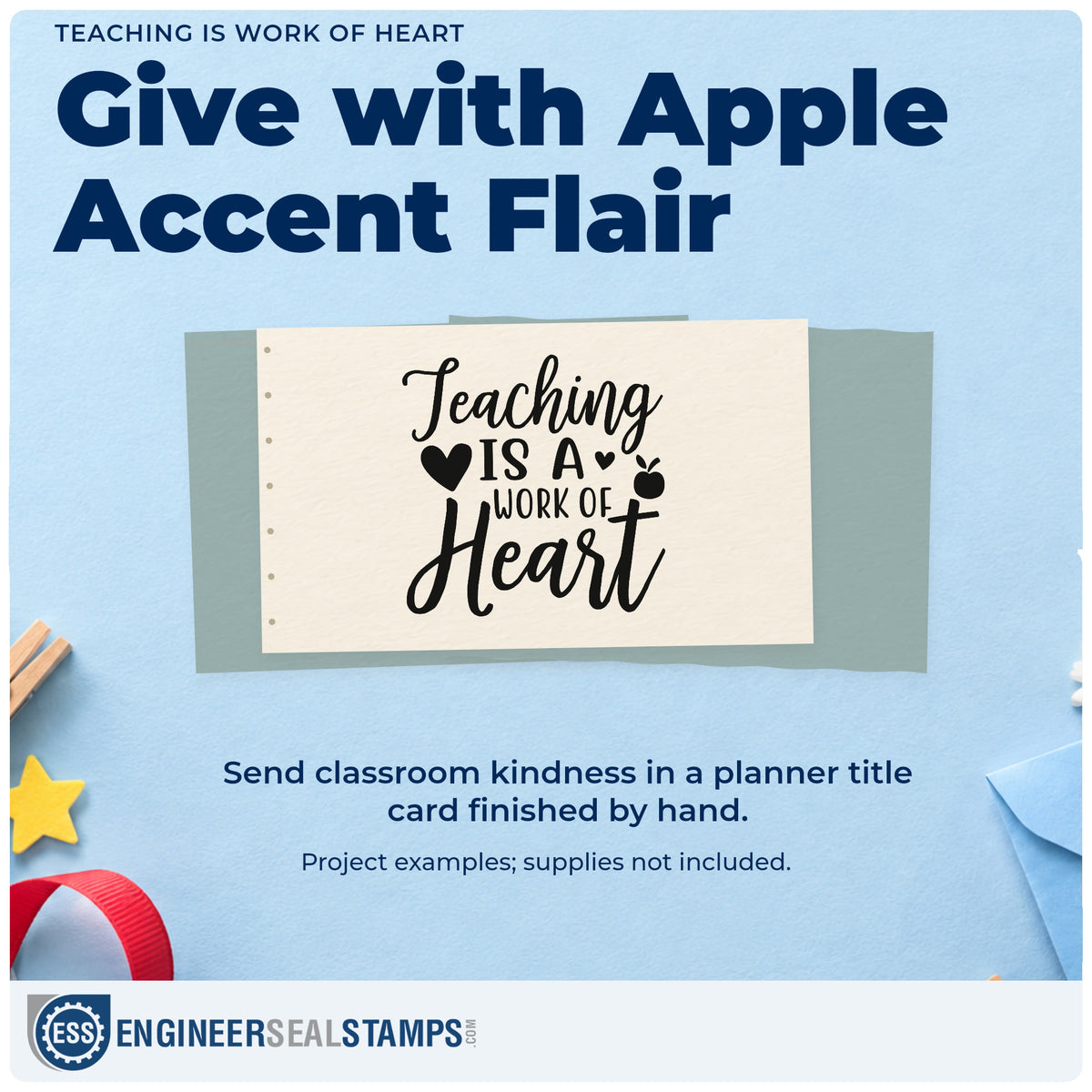 A finished handmade project stamped with the Teaching Is Work Of Heart Rubber Stamp – Wood Handle, ideal for gallery show tags.