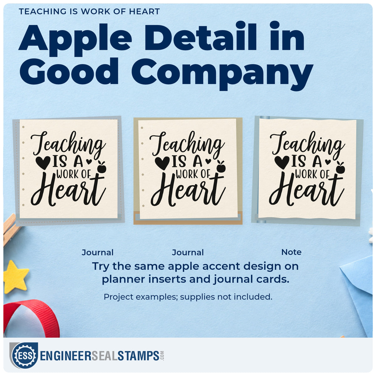 Three project examples made with the Teaching Is Work Of Heart Hand Stamp – Duo, including paint pot labels.