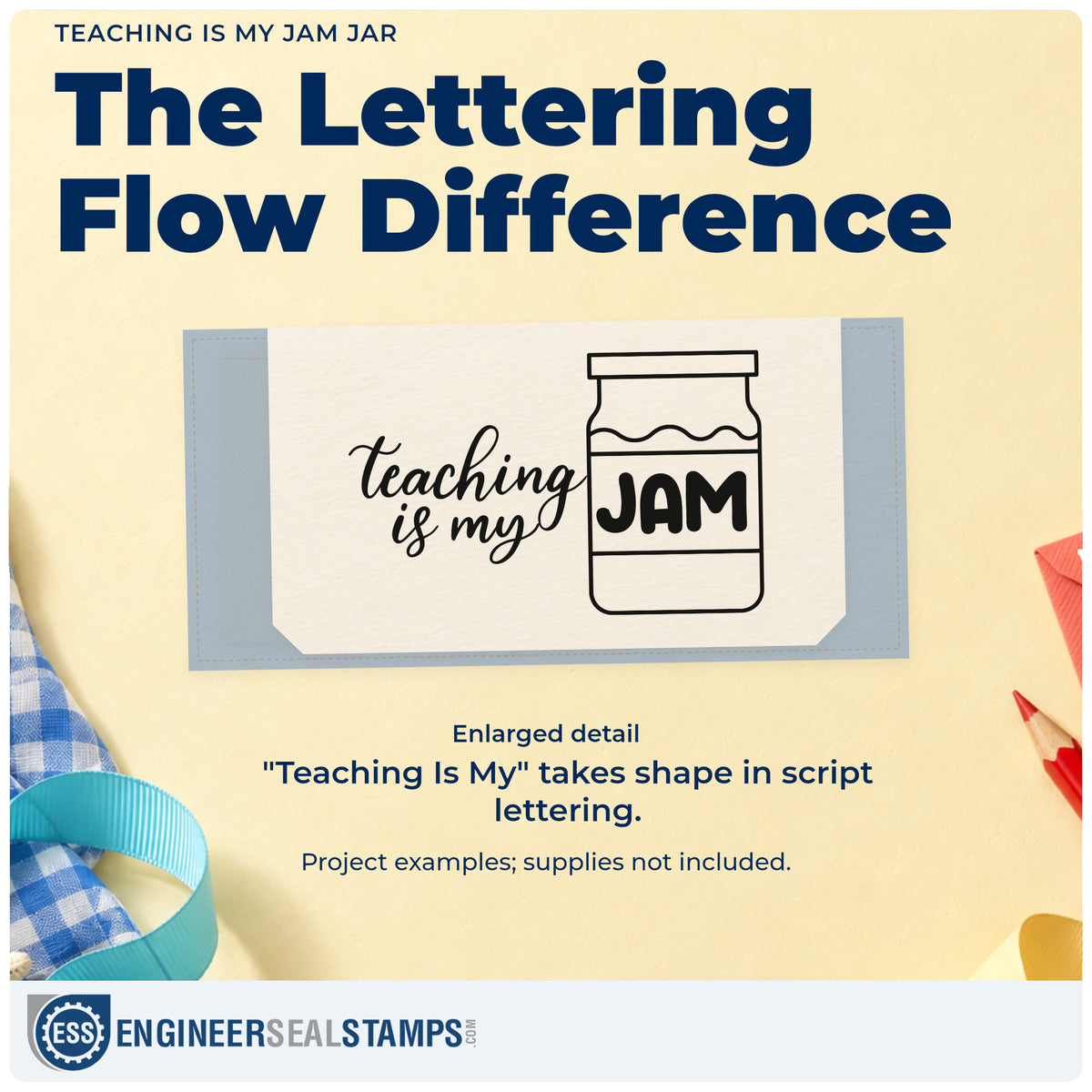 Enlarged detail of the PSI Pre-Inked Teaching Is My Jam Jar Stamp imprint. Script “Teaching Is My” appears beside a preserve jar labeled “Jam.”