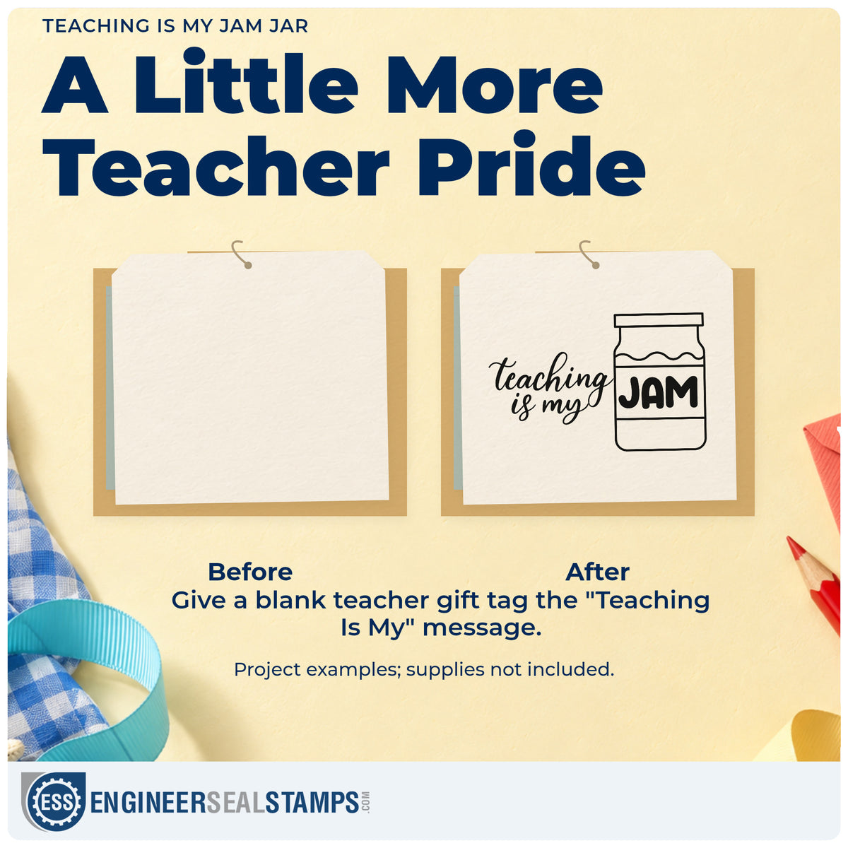Before and after of a plain item finished with the Teaching Is My Jam Jar Self-Inking Stamp, a quick upgrade for hamper box seals.