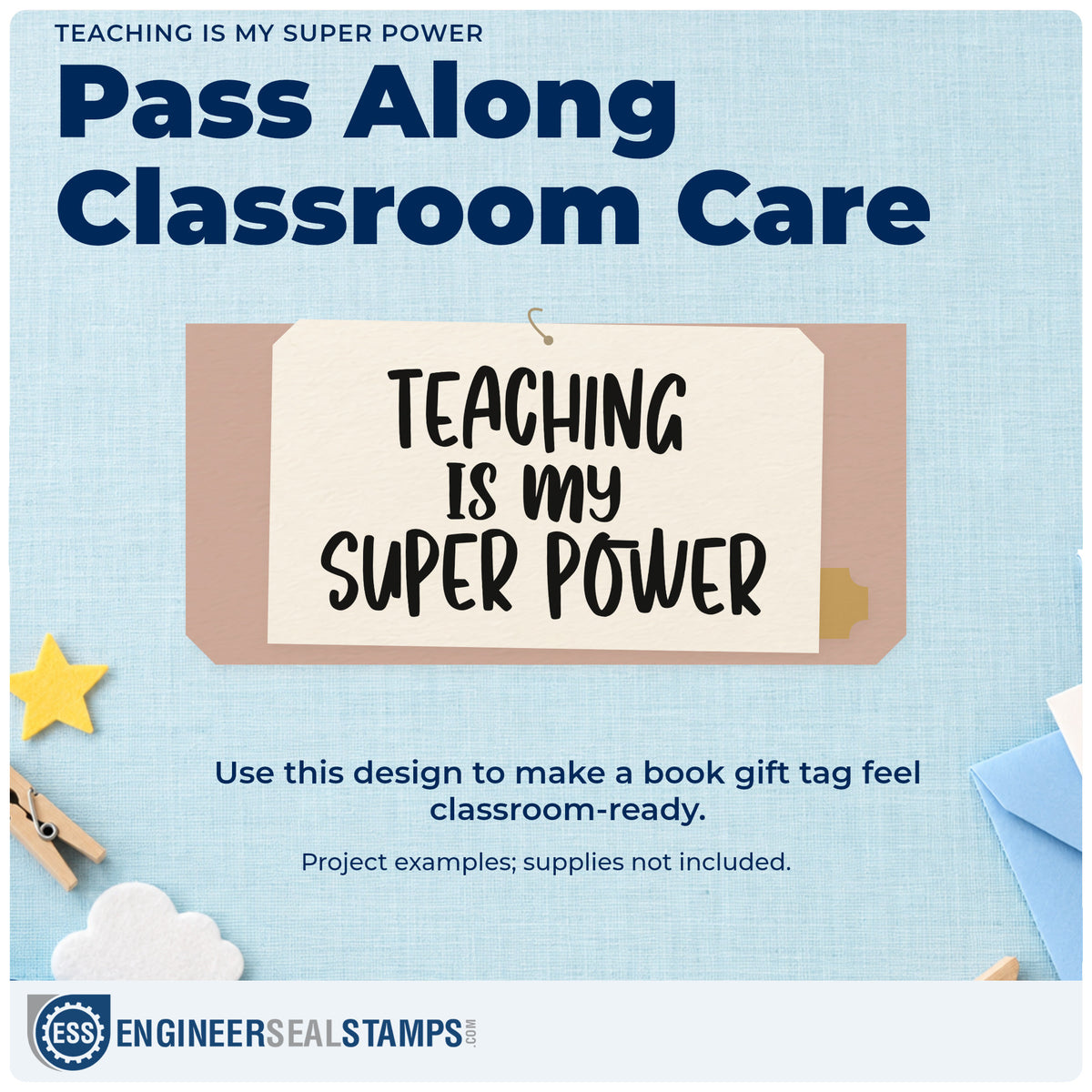 A finished handmade project stamped with the Teaching Is My Super Power Block Lettering PSI Pre-Inked Stamp, ideal for doodle club tags.