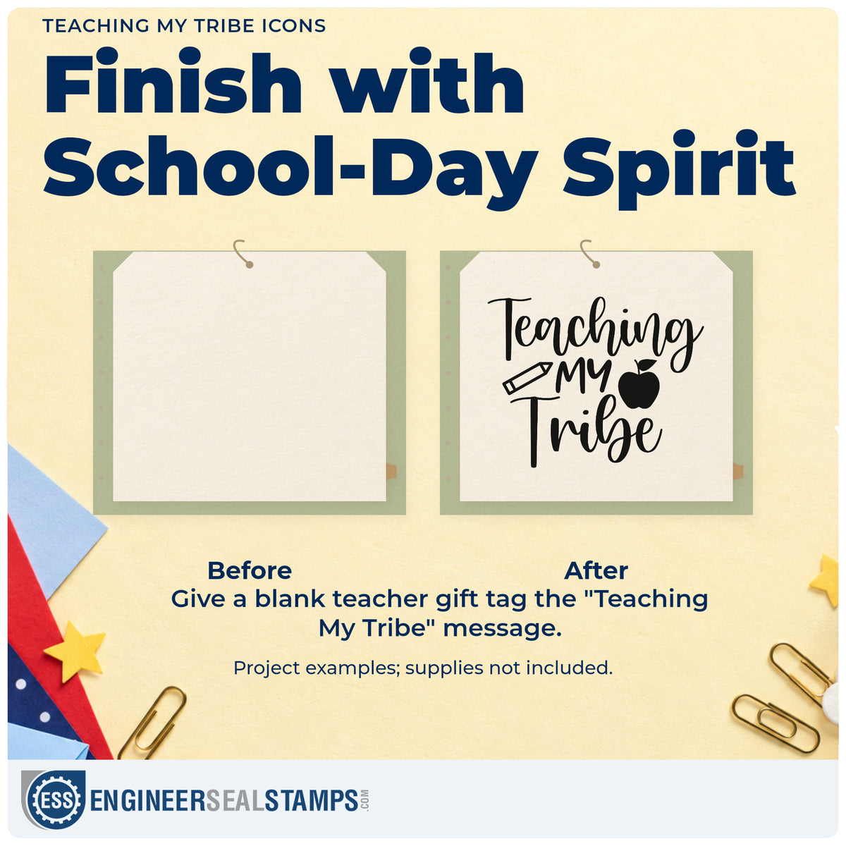 Before and after of a plain item finished with the Teaching My Tribe Icons Rubber Stamp – Wood Handle, a quick upgrade for trip consent seals.