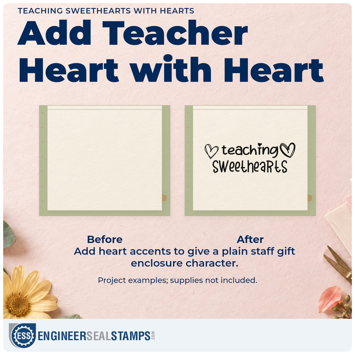 Before and after of a plain item finished with the Teaching Sweethearts Rubber Stamp – Duo Hand, a quick upgrade for envelope tuck seals.