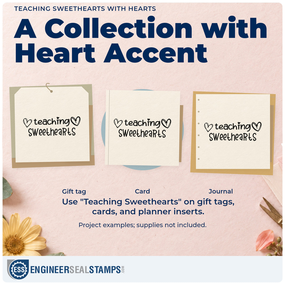 Three project examples made with the Teaching Sweethearts Rubber Stamp – Duo Hand, including treat cup labels.