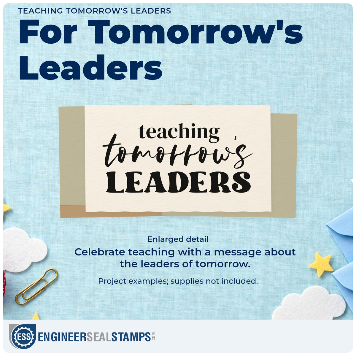 Enlarged detail of the Teaching Tomorrow's Leaders PSI Pre-Inked Stamp imprint. Three rows read “Teaching Tomorrow's Leaders” with script across the middle.