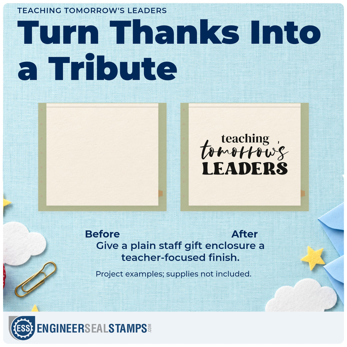 Before and after of a plain item finished with the Teaching Tomorrow's Leaders Pre-Inked Stamp – Slim, a quick upgrade for reference pack seals.