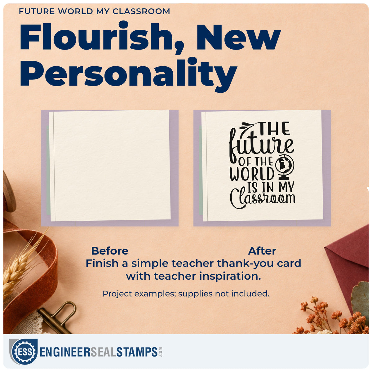 Before and after of a plain item finished with the The Future Of The World Is In My Classroom PSI Pre-Inked Stamp, a quick upgrade for recipe swap seals.