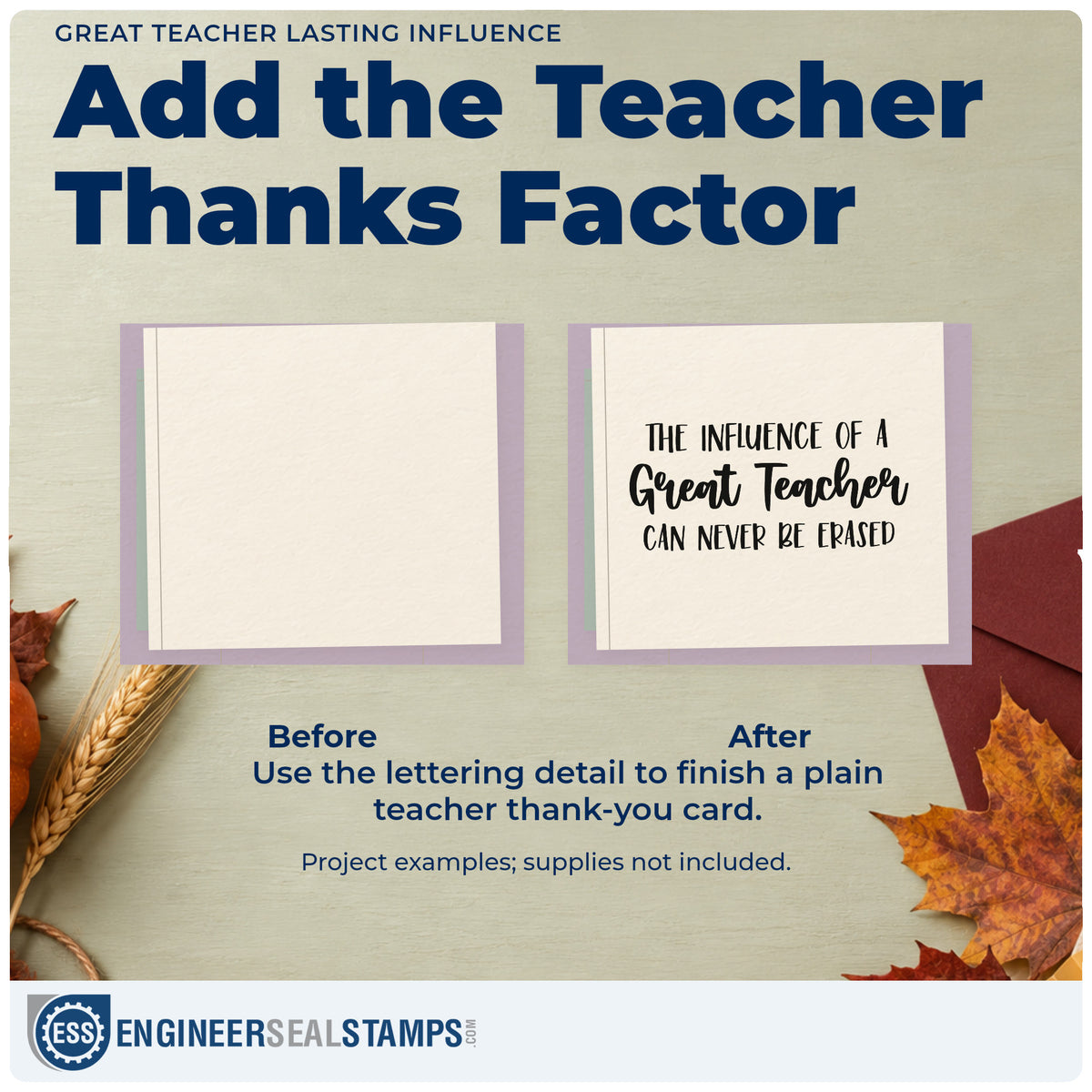 Before and after of a plain item finished with the Great Teacher Lasting Influence Lettering Stamp – PSI Pre-Inked, a quick upgrade for endowment seals.