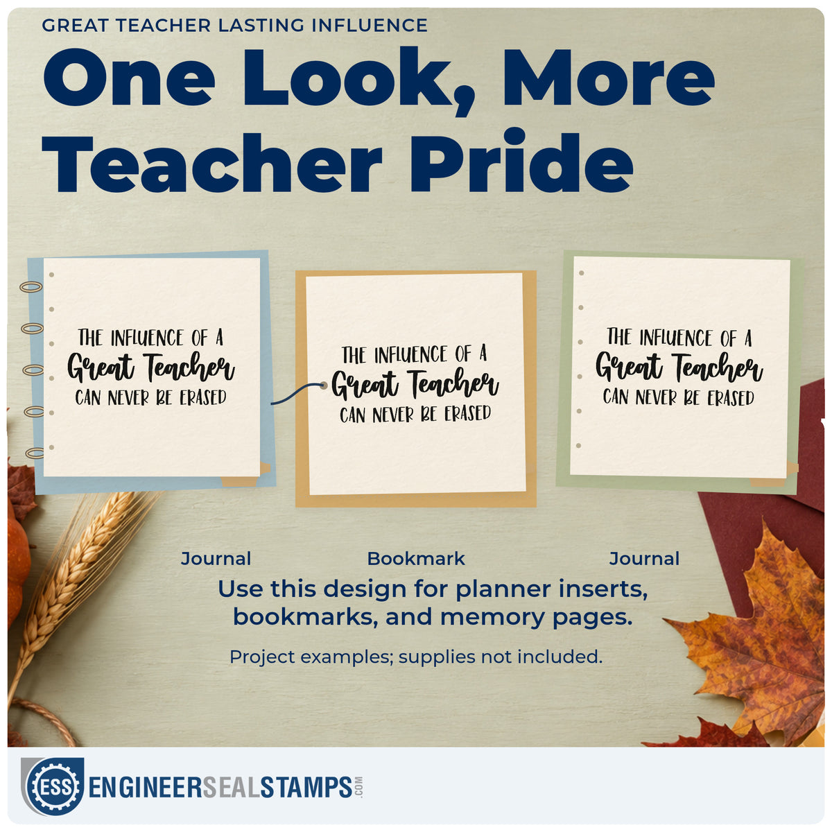 Three project examples made with the Great Teacher Lasting Influence Lettering Slim Pre-Inked Stamp, including memory tin labels.