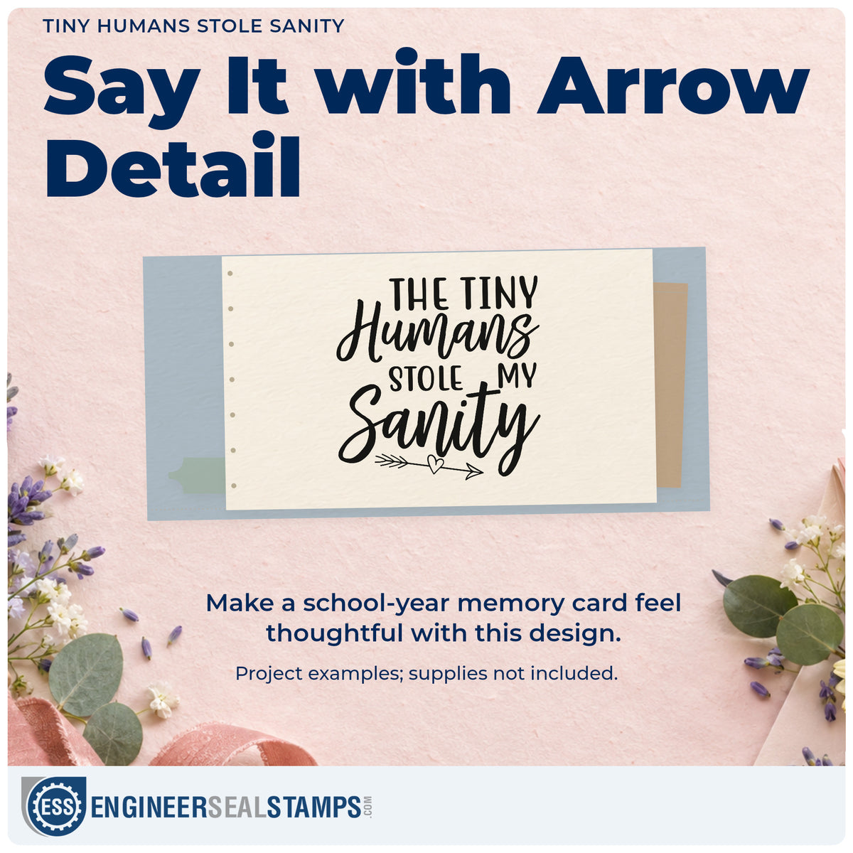 A finished handmade project stamped with the The Tiny Humans Stole My Sanity PSI Pre-Inked Stamp, ideal for survival kit tags.
