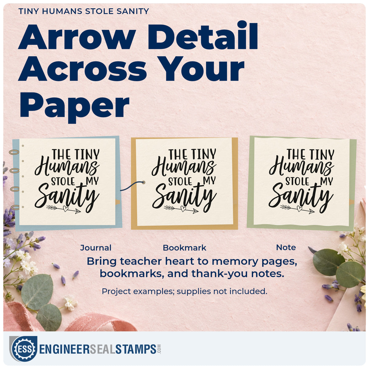 Three project examples made with the The Tiny Humans Stole My Sanity PSI Pre-Inked Stamp, including coffee tin labels.