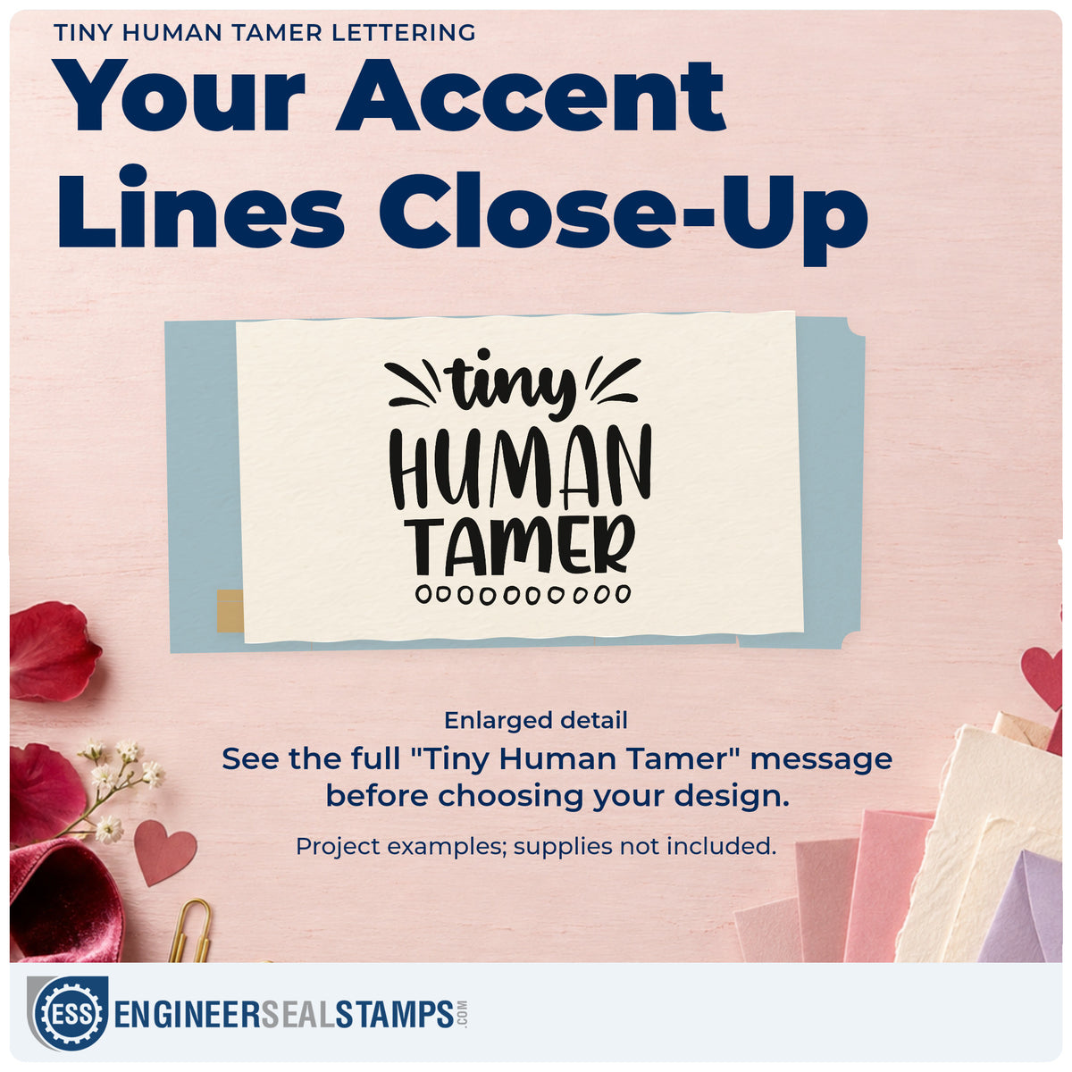 Enlarged detail of the Tiny Human Tamer Slim Pre-Inked Stamp imprint. “Tiny Human Tamer” features accent strokes and a row of small outlined circles.