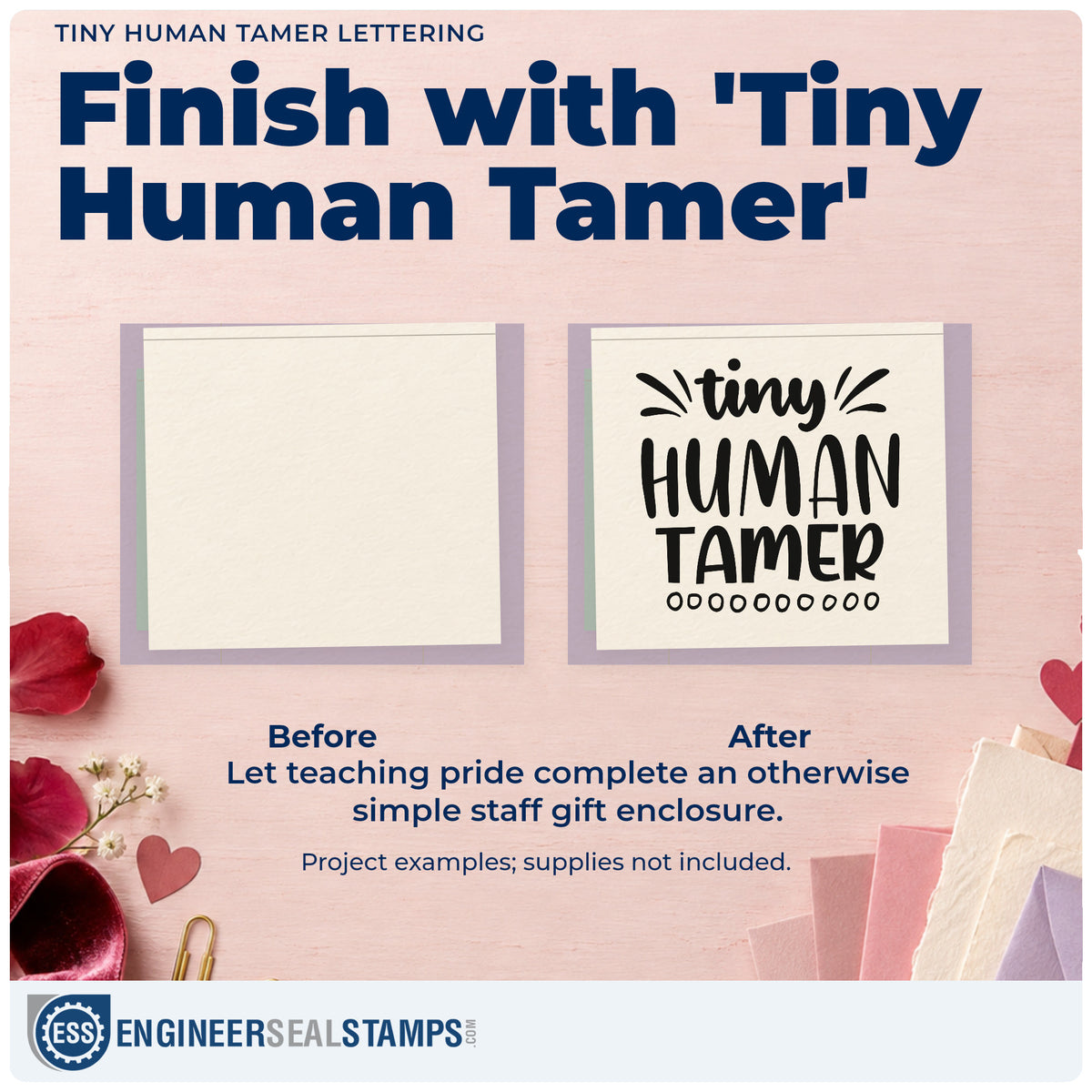 Before and after of a plain item finished with the Tiny Human Tamer Rubber Stamp – Duo Hand, a quick upgrade for snack bag seals.