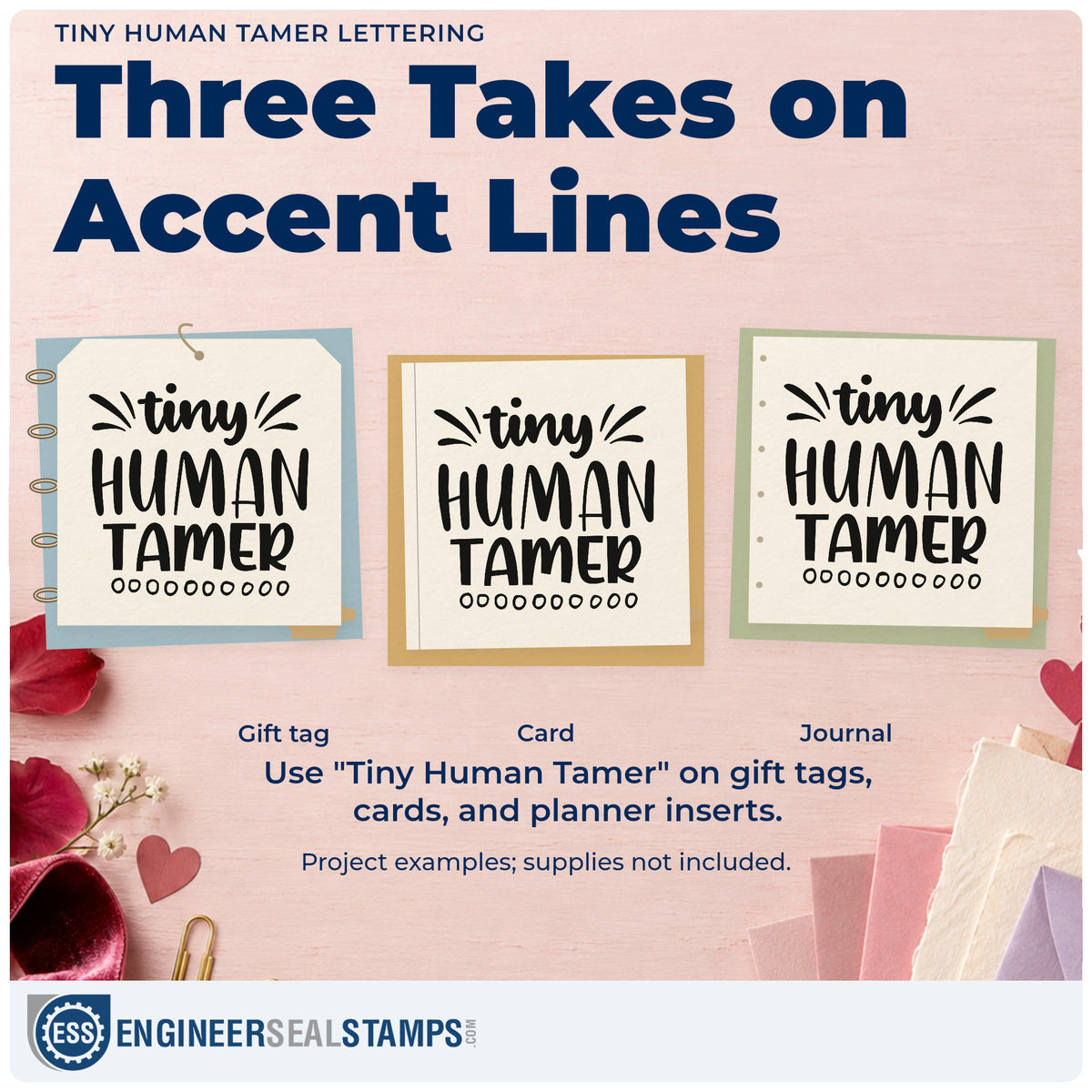 Three project examples made with the Tiny Human Tamer Rubber Stamp – Duo Hand, including toy crate labels.