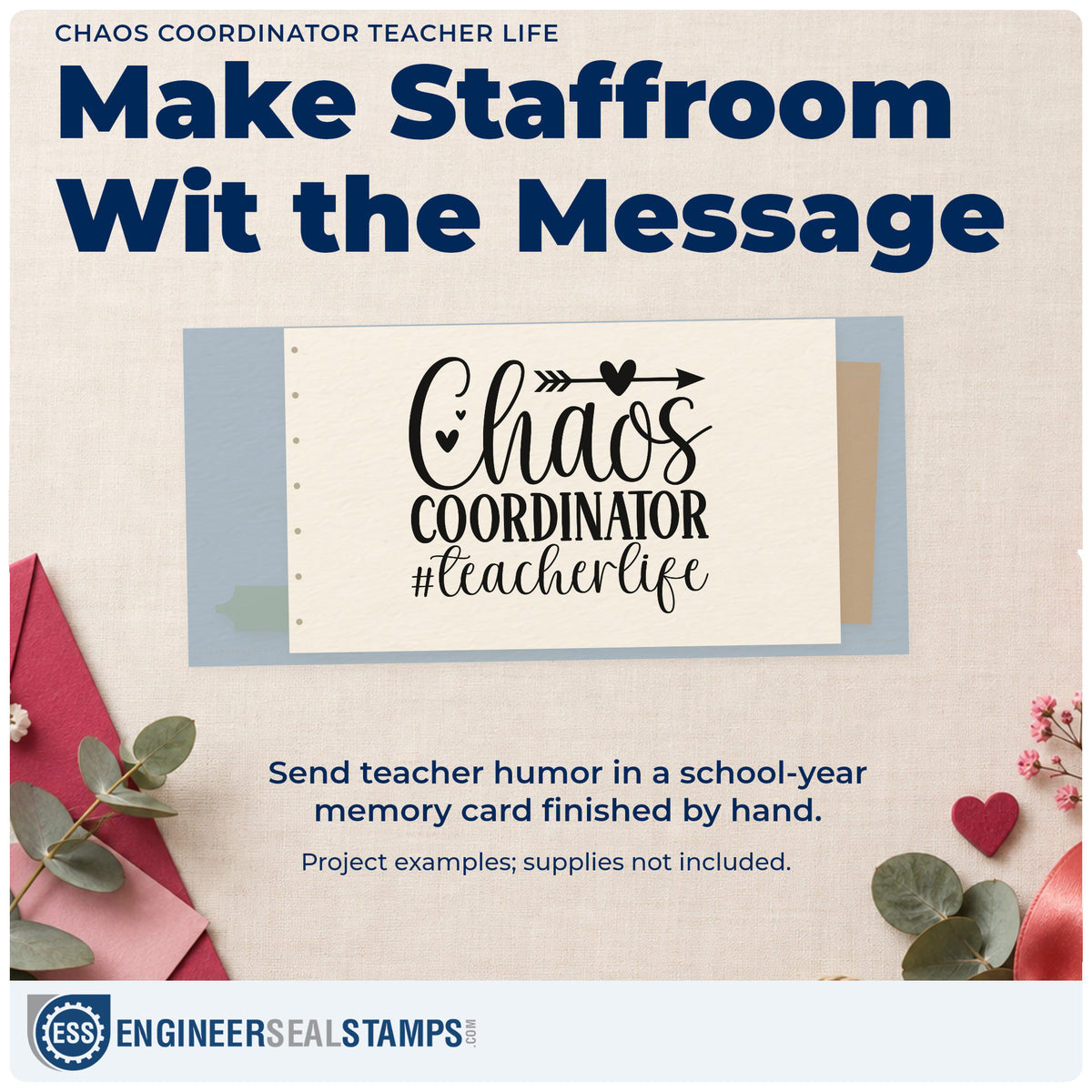 A finished handmade project stamped with the Pre-Inked Chaos Coordinator Teacher Life With Hearts Stamp – PSI, ideal for cover rota tags.