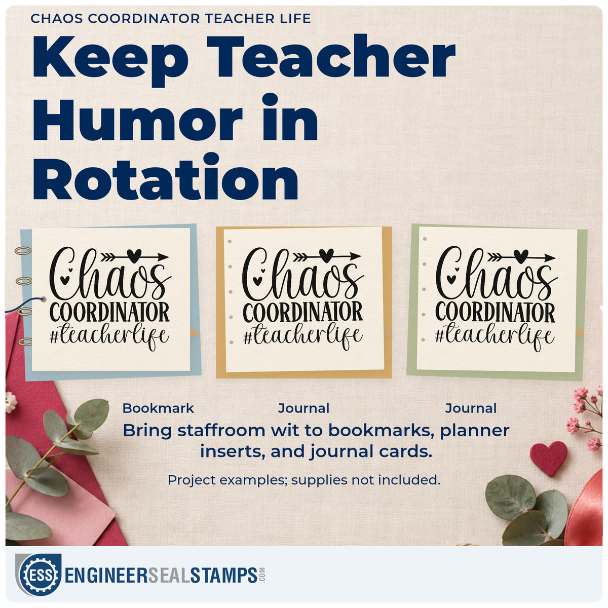 Three project examples made with the Chaos Coordinator Teacher Life With Hearts Pre-Inked Stamp – Slim, including lost property labels.
