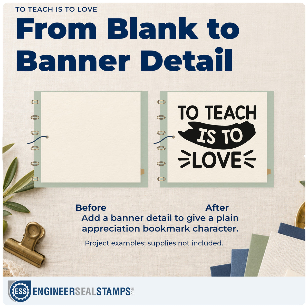 Before and after of a plain item finished with the To Teach Is To Love Ribbon Lettering Self-Inking Stamp, a quick upgrade for blessing card seals.
