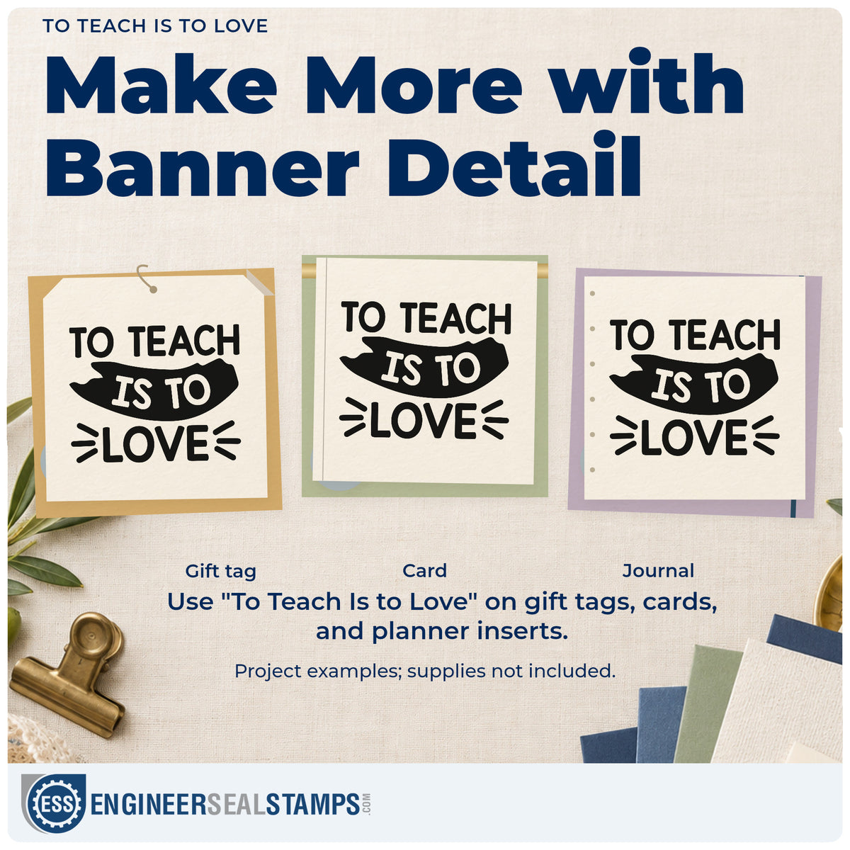 Three project examples made with the To Teach Is To Love Ribbon Lettering Rubber Stamp – Duo Hand, including candle box labels.