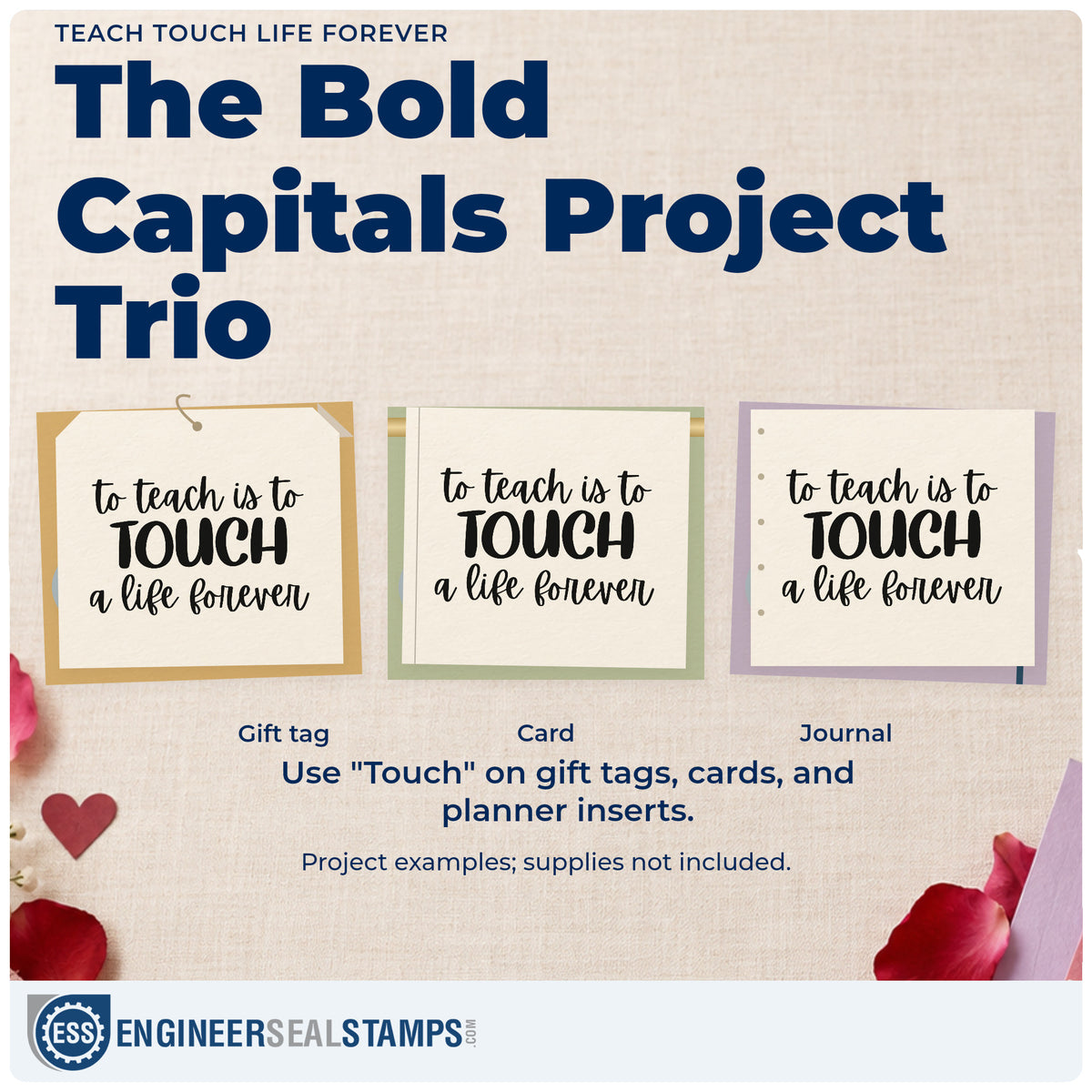 Three project examples made with the Teach Touch Life Forever Rubber Stamp – Wood Handle, including brick path labels.