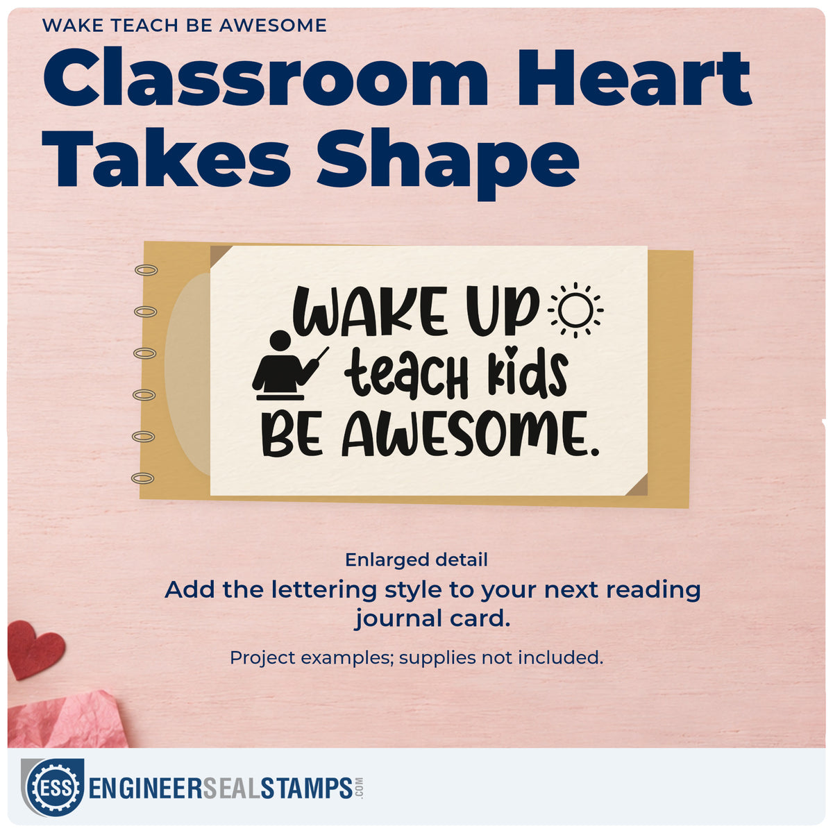 Enlarged detail of the Wake Teach Be Awesome Wood Handle Stamp imprint. “Wake Up Teach Kids Be Awesome” appears with a sun and a teacher-at-board icon.