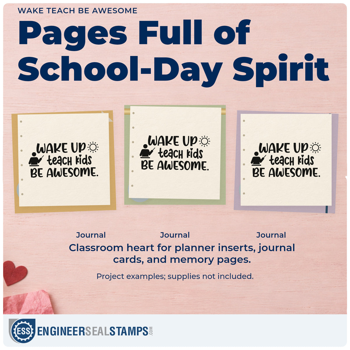 Three project examples made with the Wake Teach Be Awesome Rubber Stamp – Duo Hand, including morning plan pages.