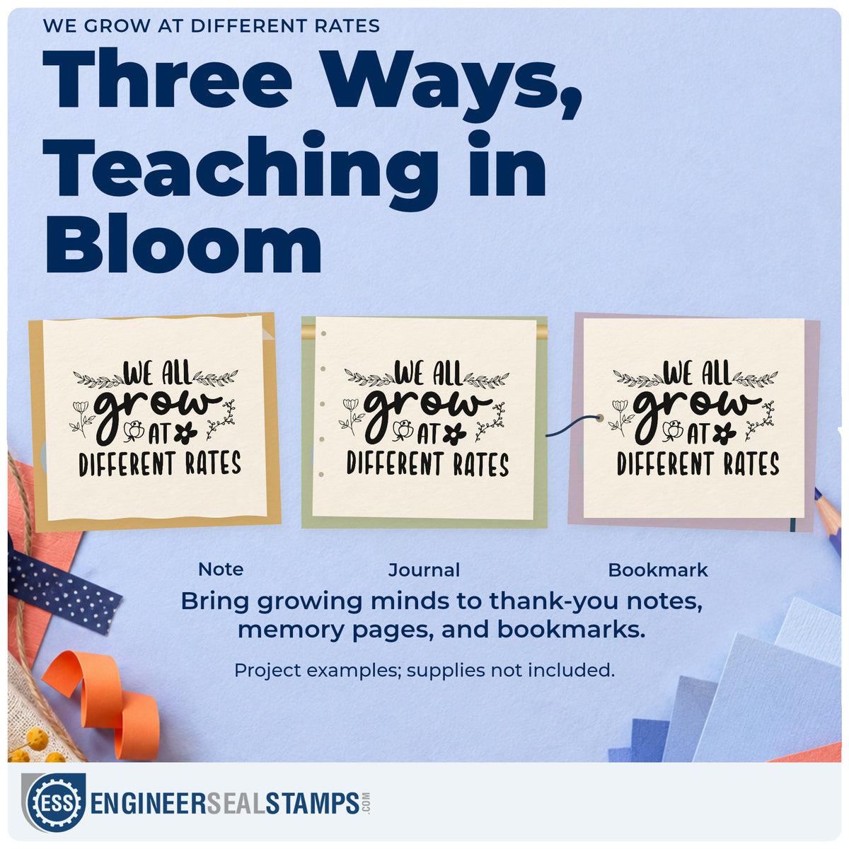 Three project examples made with the We All Grow At Different Rates Wood-Mounted Rubber Stamp, including plant pot labels.
