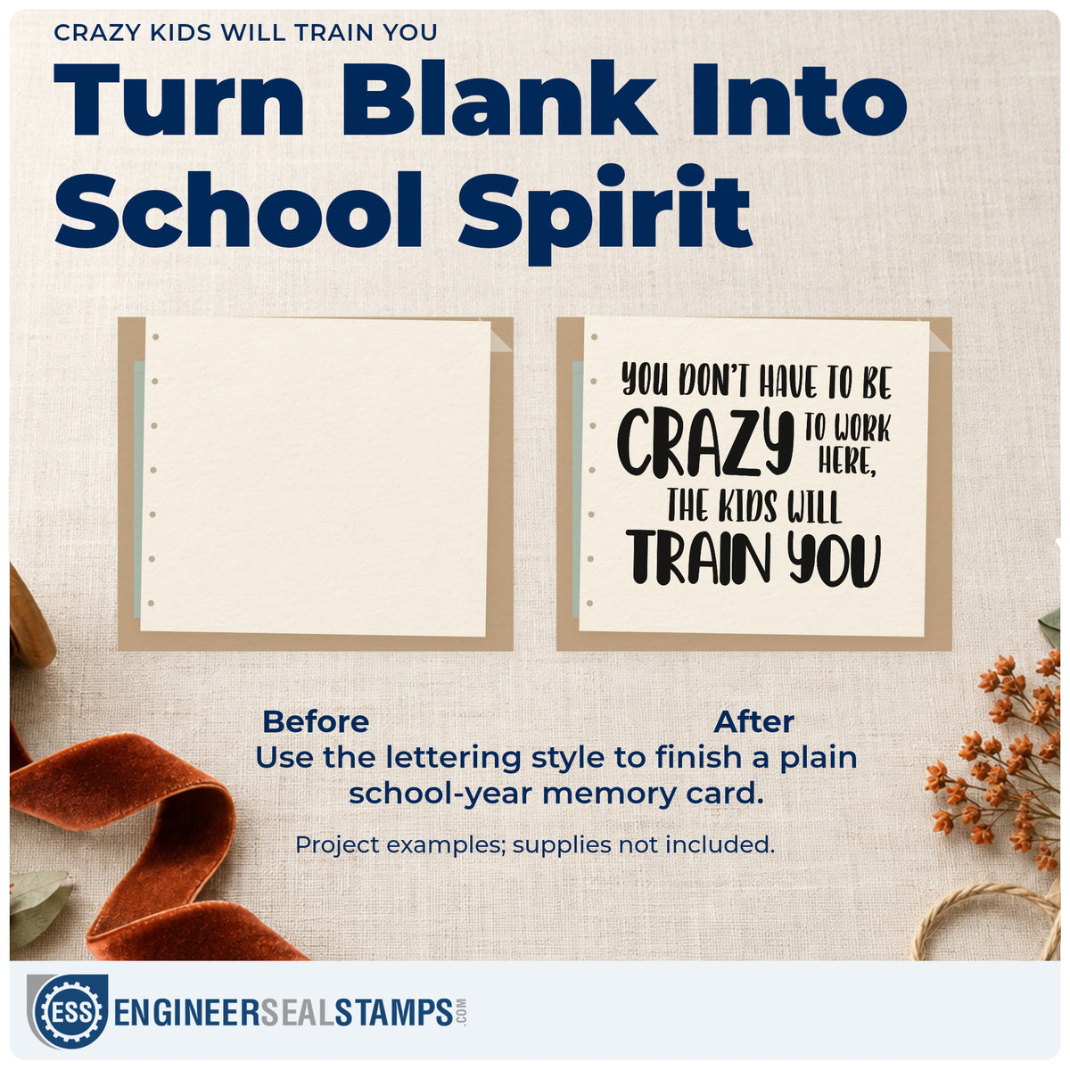 Before and after of a plain item finished with the Crazy Kids Will Train You Lettering Self-Inking Stamp, a quick upgrade for welcome pack seals.
