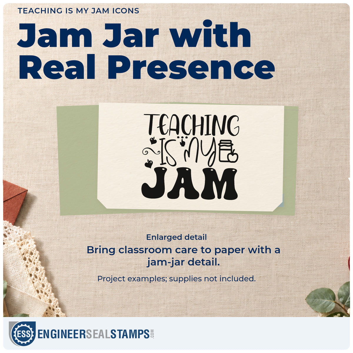 Enlarged detail of the Teaching Is My Jam Icons Stamp – Self-Inking imprint. “Teaching Is My Jam” features apples and stacked books.