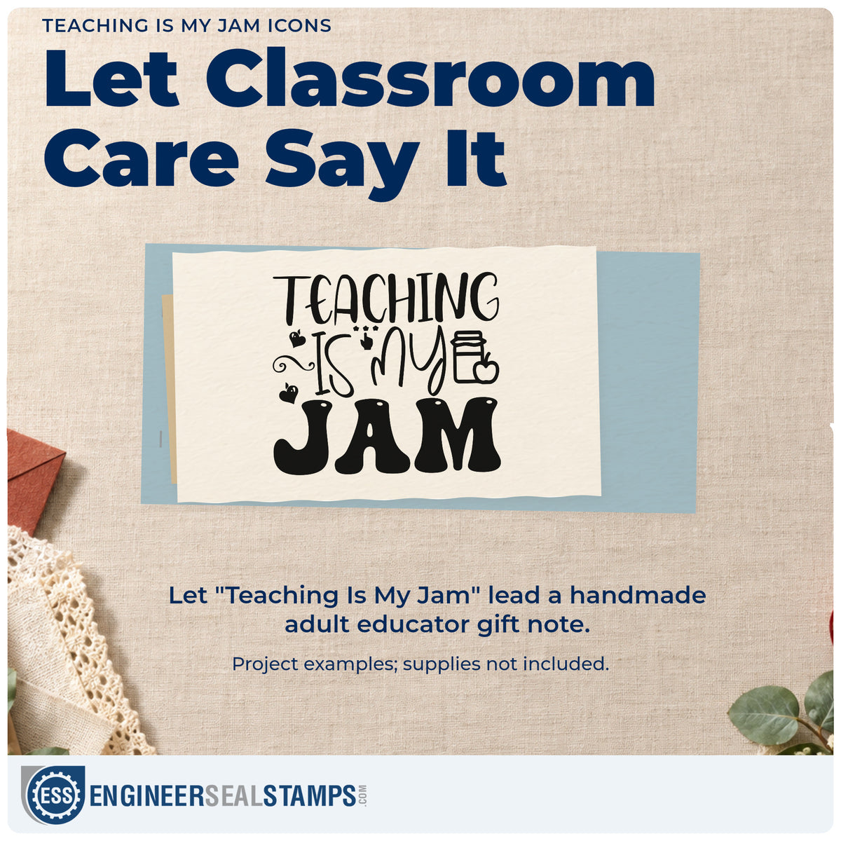 A finished handmade project stamped with the Teaching Is My Jam Icons PSI Pre-Inked Stamp, ideal for title swap tags.