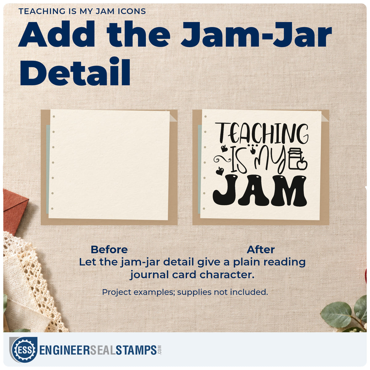 Before and after of a plain item finished with the Teaching Is My Jam Icons Rubber Stamp – Wood Handle, a quick upgrade for club pack seals.