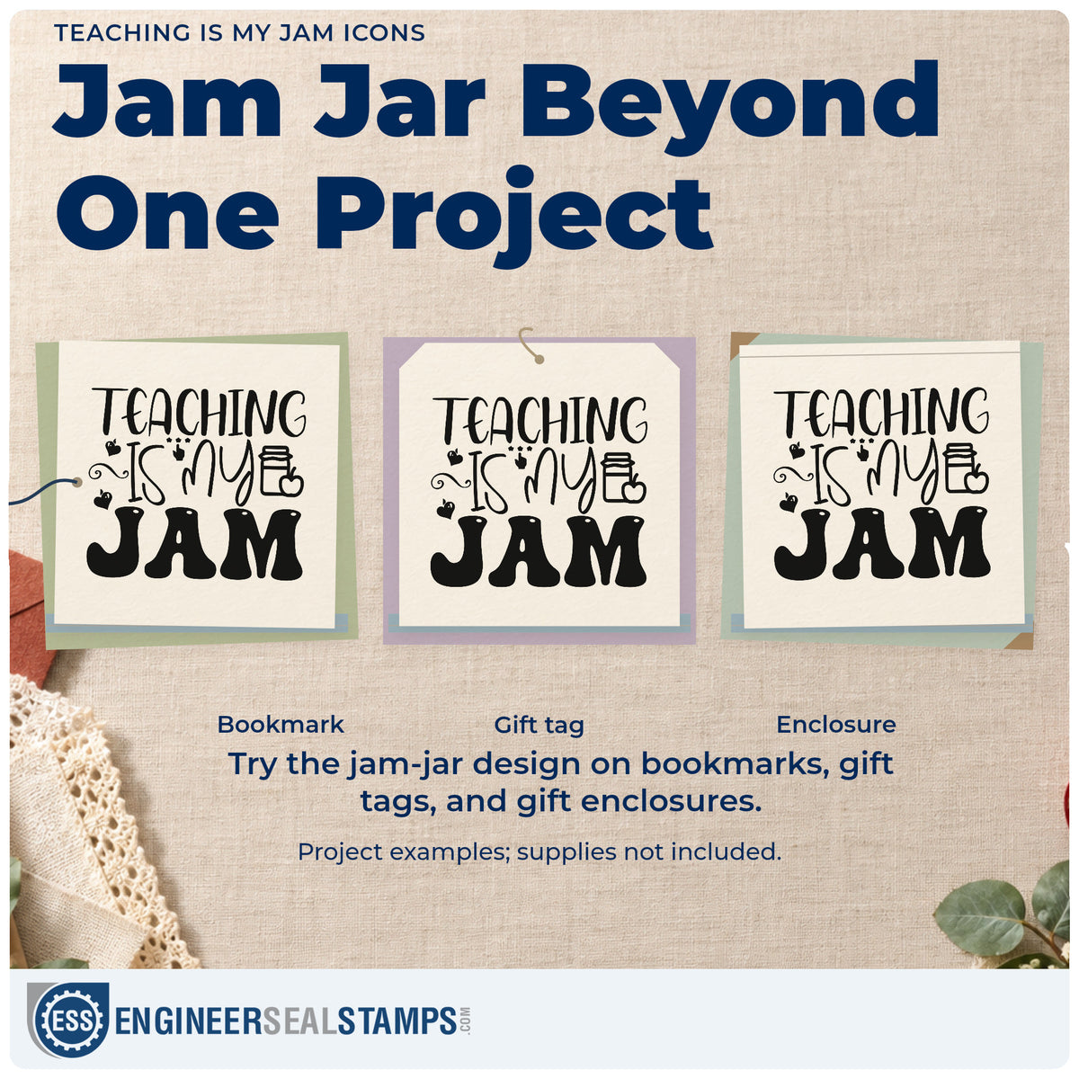 Three project examples made with the Teaching Is My Jam Icons Stamp – Self-Inking, including spine strip labels.