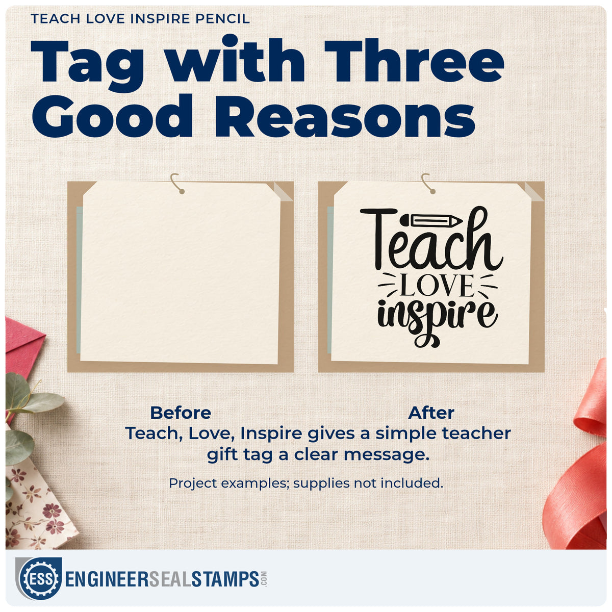 Before and after of a plain item finished with the Pencil Lettering Teach Love Inspire Pre-Inked Stamp – Slim, a quick upgrade for ink bottle seals.
