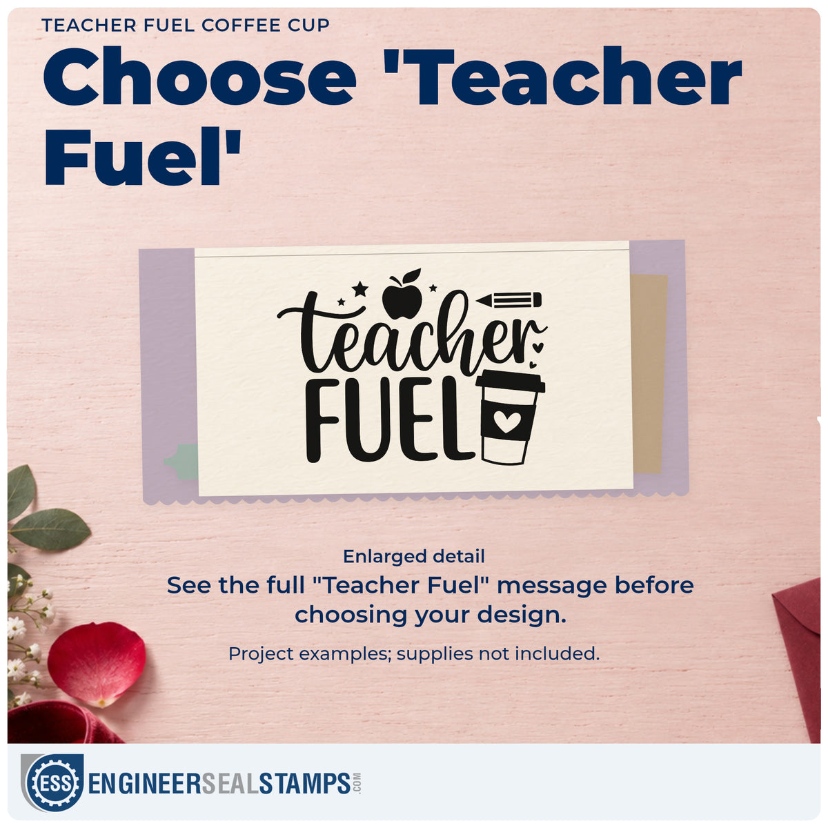 Enlarged detail of the Teacher Fuel Coffee Cup Apple Compact Pre-Inked Stamp – Slim imprint. “Teacher Fuel” appears with an apple, pencil, stars, and a takeaway cup bearing a heart.