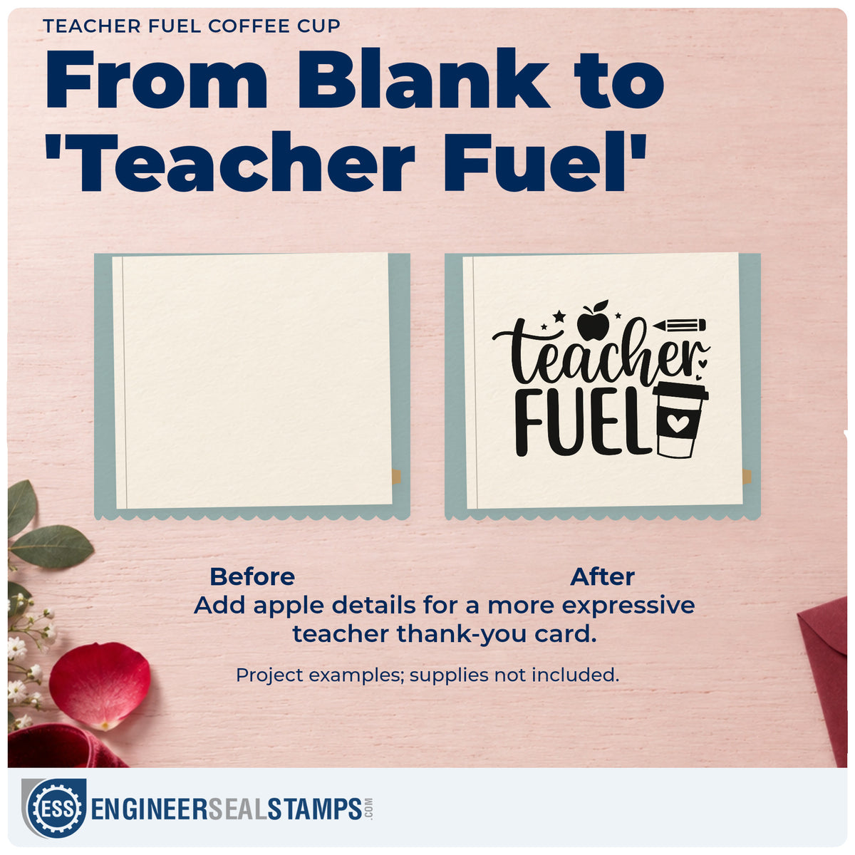 Before and after of a plain item finished with the Teacher Fuel Coffee Cup Apple PSI Pre-Inked Stamp, a quick upgrade for hamper lid seals.