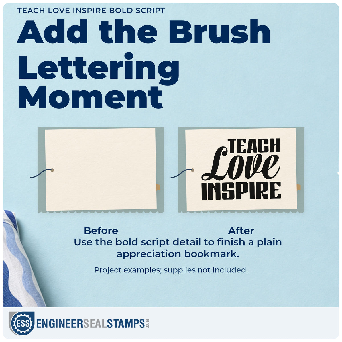 Before and after of a plain item finished with the Teach Love Inspire Bold Script Rubber Stamp – Wood Handle, a quick upgrade for place setting seals.